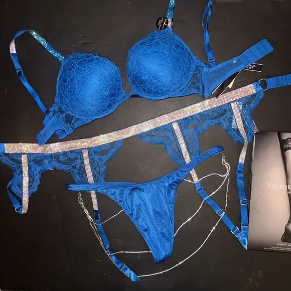 Victoria's Secret 32A,32B,32C BOMBSHELL BRA SET+GARTER NEON BLUE SHINE STRAP
